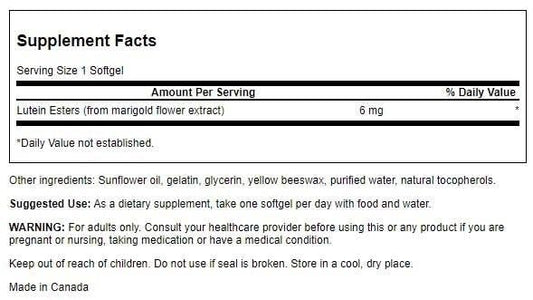 Supplement facts label for Swanson Lutein 6 Milligrams 100 sgels