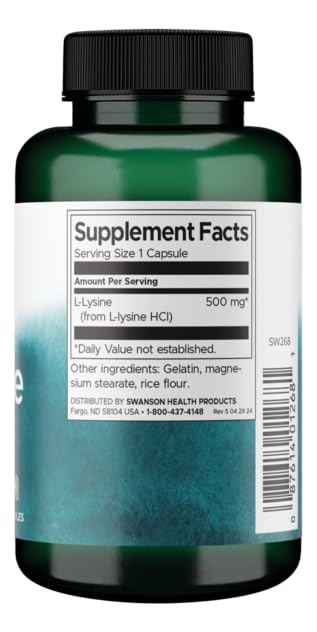 Close-up of Swanson L-Lysine 500 mg capsules and label
