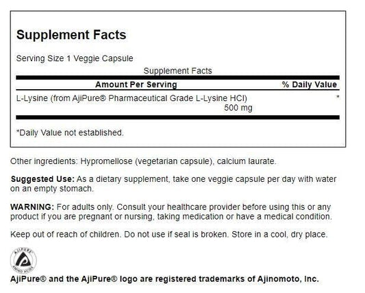 Swanson Ajipure L-Lysine 500 mg vegetarian capsules pack of 2 - image 2