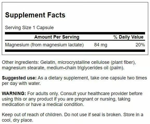 Close-up of magnesium lactate capsule showing elemental magnesium