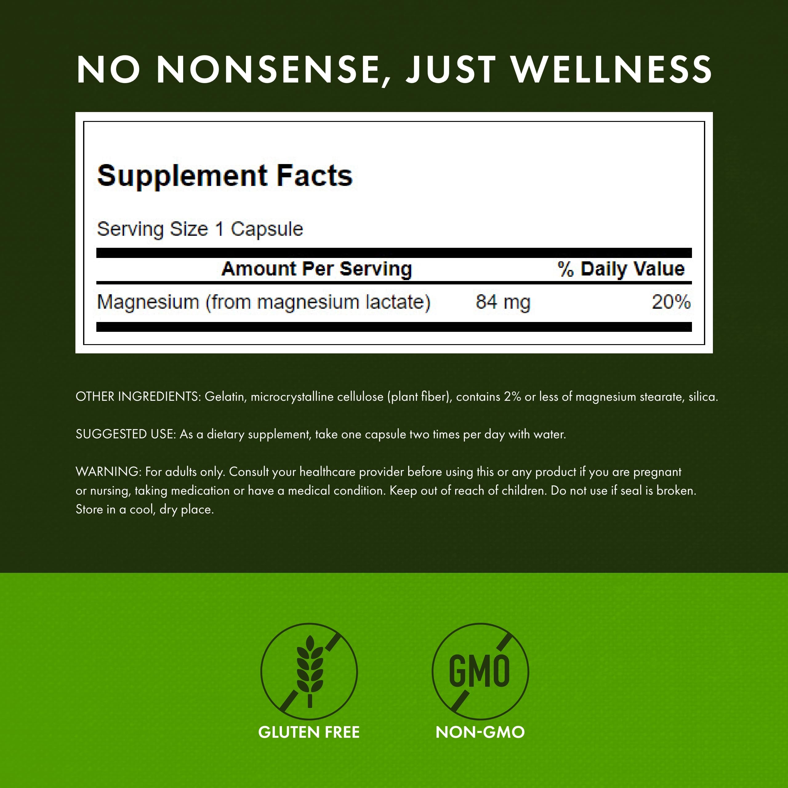 Swanson Magnesium Lactate bottle label displaying 84 mg per capsule