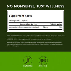 Swanson Magnesium Lactate bottle label displaying 84 mg per capsule