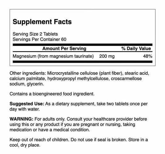 Back label of Swanson Magnesium Taurate 2-pack