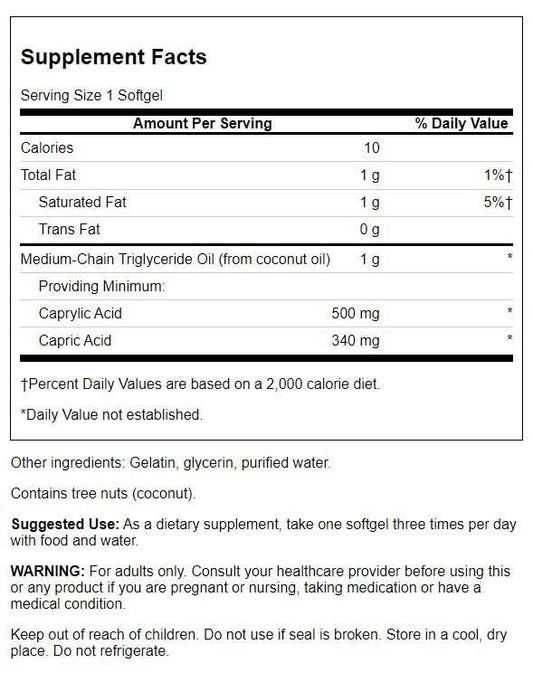 Close-up of Swanson MCT Pure 1000 mg Softgels label