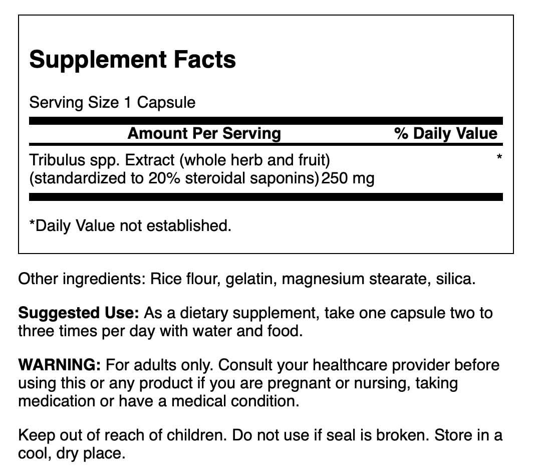 Close-up of Swanson Mega Tribulus Extract bottle label showing 120 capsules