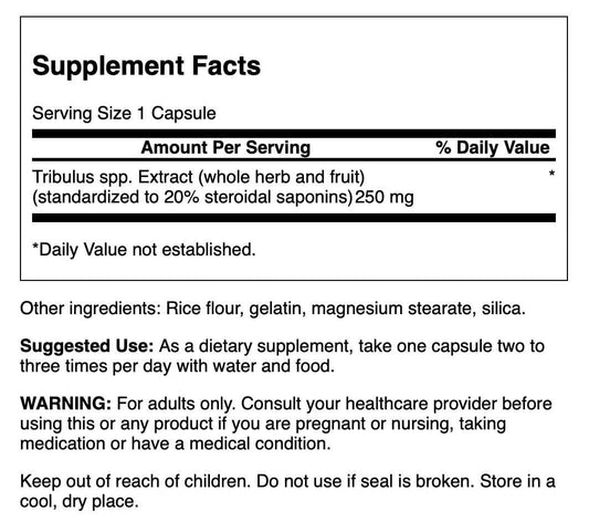 Close-up of Swanson Mega Tribulus Extract bottle label showing 120 capsules