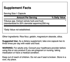 Close-up of Swanson Mega Tribulus Extract bottle label showing 120 capsules