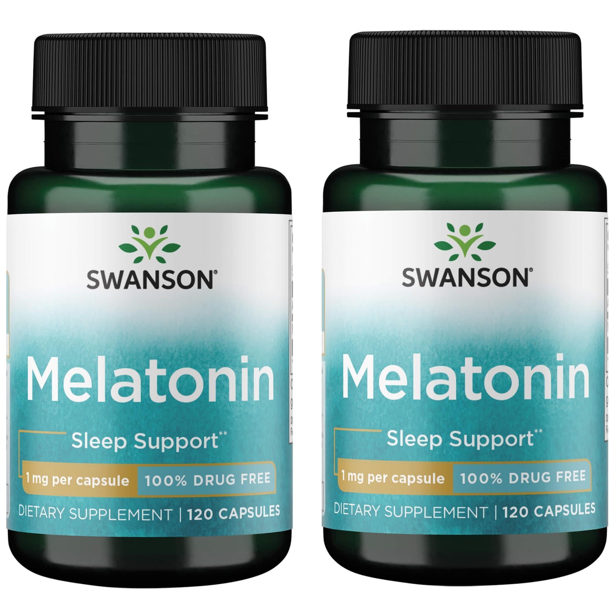Swanson Melatonin bottle with 120 capsules, 1 mg per capsule, 2-pack