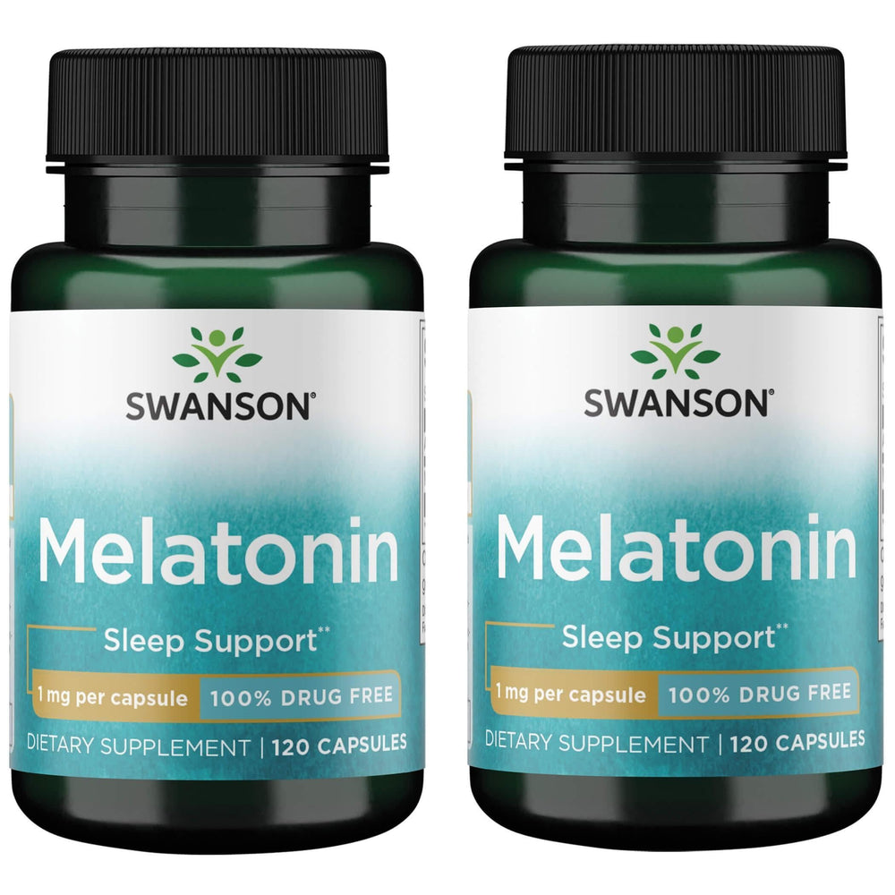 Swanson Melatonin bottle with 120 capsules, 1 mg per capsule, 2-pack