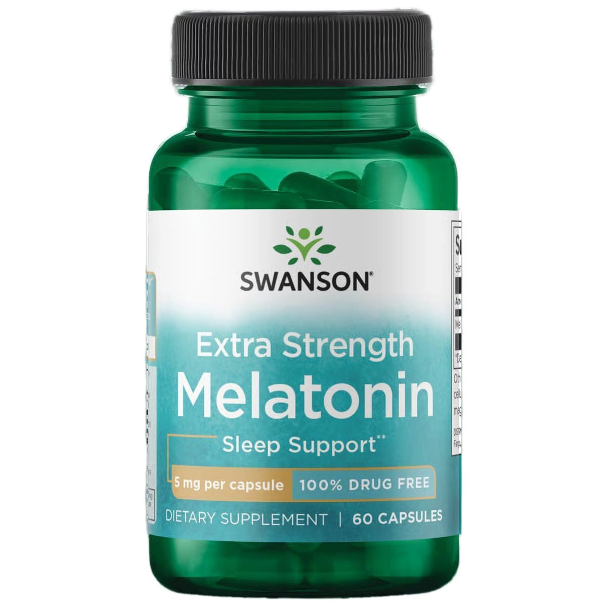 Bottle of Swanson Extra Strength Melatonin 5mg 60 capsules on white background
