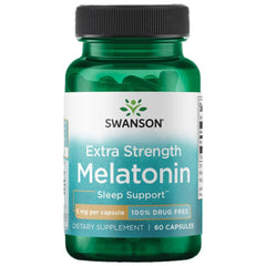 Bottle of Swanson Extra Strength Melatonin 5mg 60 capsules on white background
