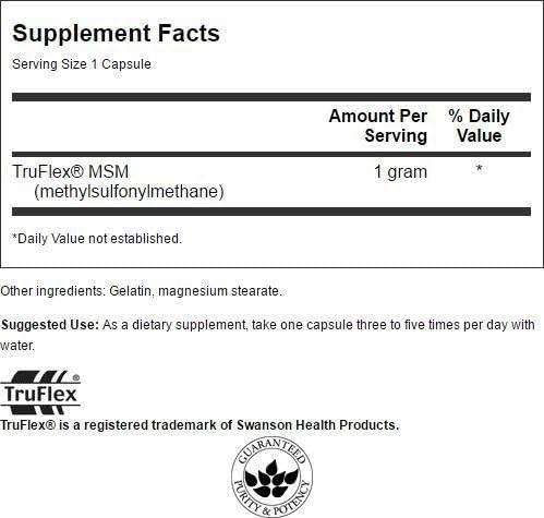 Close-up of Swanson MSM 1000 mg bottle label
