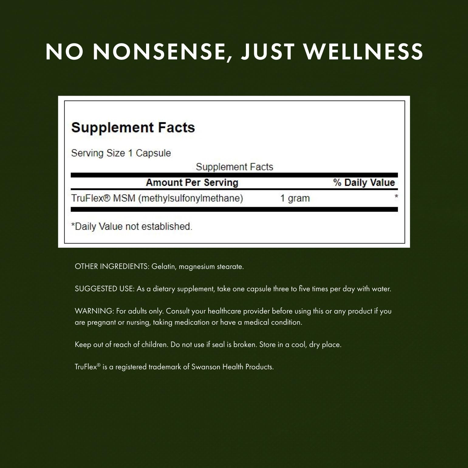 Swanson MSM 1000 mg capsules bottle label
