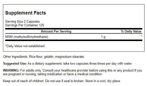 Close-up of Swanson MSM 500 mg capsules