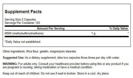 Close-up of Swanson MSM 500 mg capsules