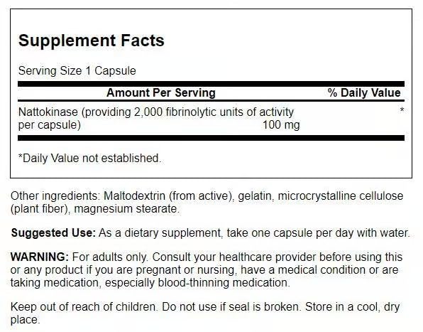 Back panel of Swanson Nattokinase bottle with supplement facts