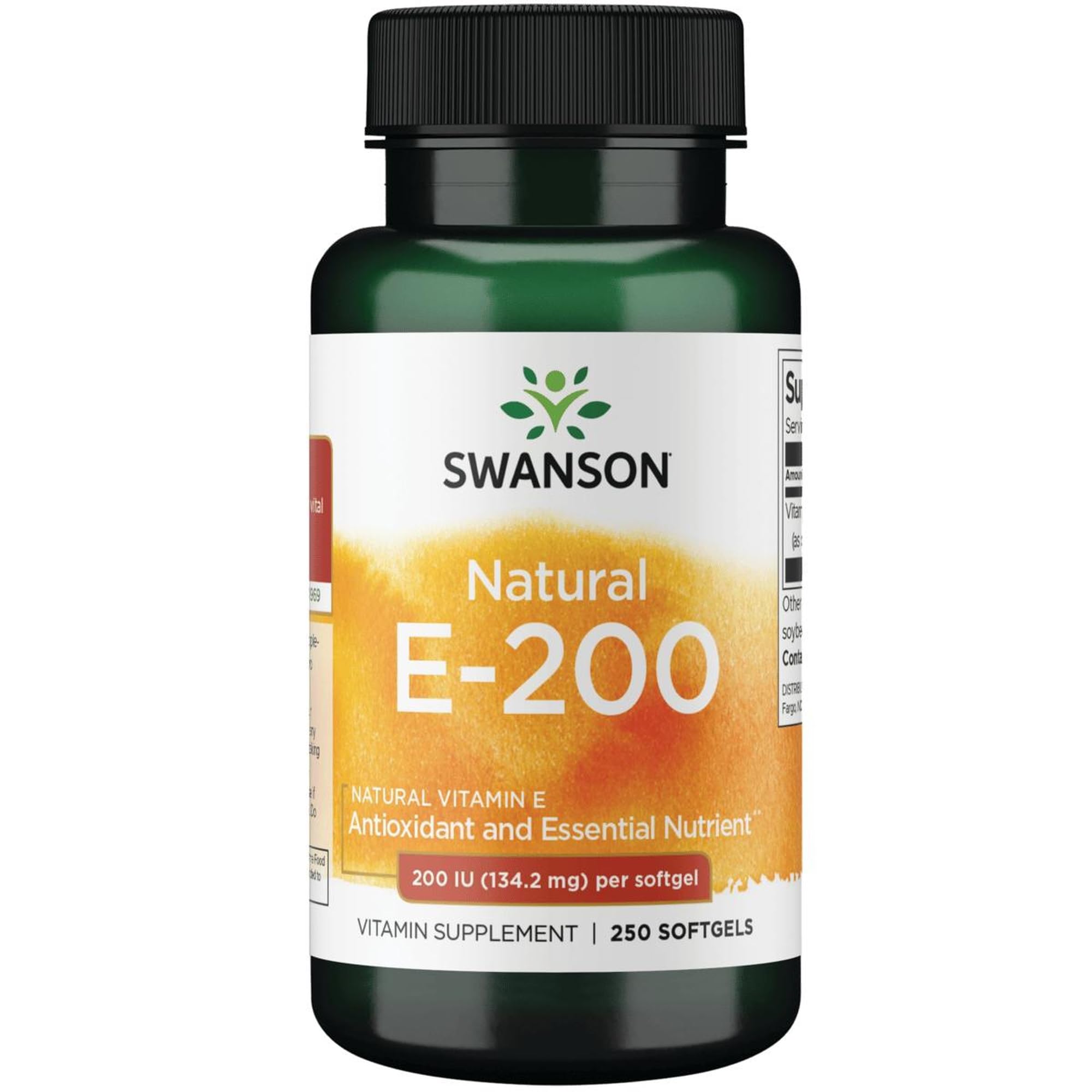 Bottle of Swanson Vitamin E 200 IU softgels with label