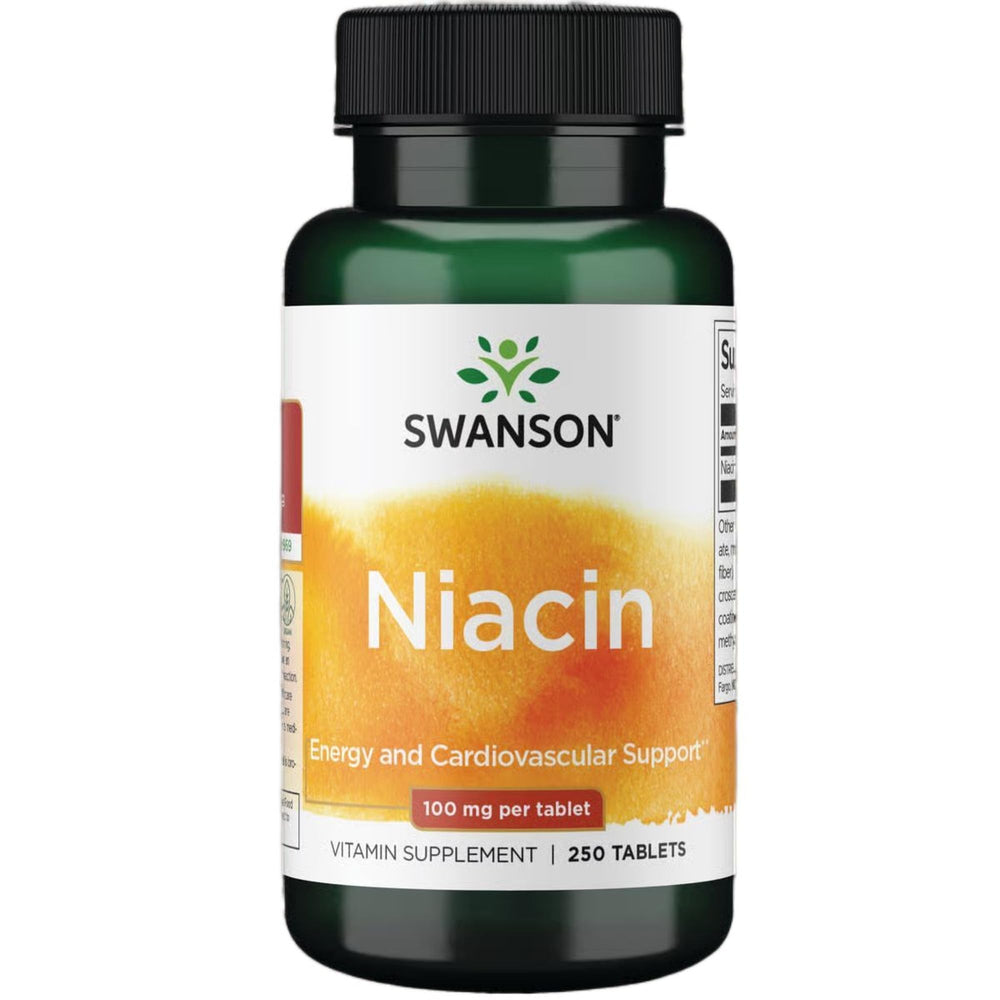 Swanson Niacin bottle label showing 250 tablets and 100 mg NE per tablet