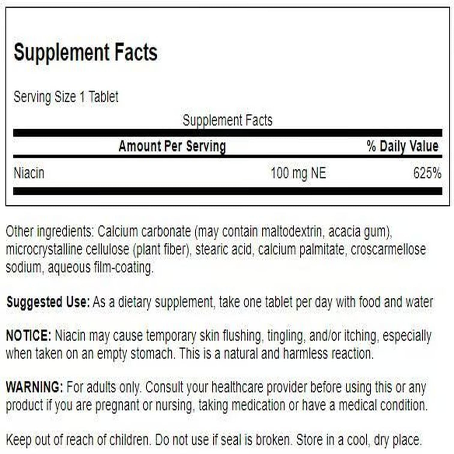 Close-up of Swanson Niacin label detailing 100 mg NE per capsule