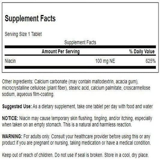Close-up of Swanson Niacin label detailing 100 mg NE per capsule