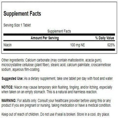 Close-up of Swanson Niacin label detailing 100 mg NE per capsule