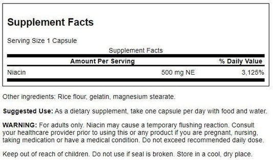 Close-up of Niacin (B3) 500 mg capsules for energy and cardio health