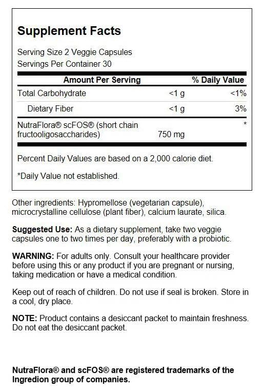 Close-up of Swanson Nutraflora 375 mg packaging showing 60 vegetarian capsules