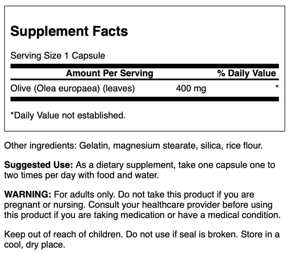 Front-facing pack shot of Swanson Olive Leaf 400 mg bottle with 60 capsules