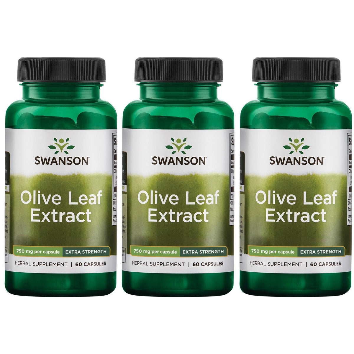 Swanson Olive Leaf Extract capsules 750mg each, 60 capsules per bottle, 3-pack