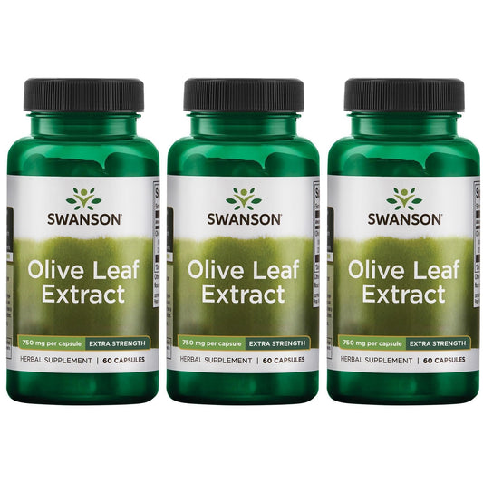Swanson Olive Leaf Extract capsules 750mg each, 60 capsules per bottle, 3-pack