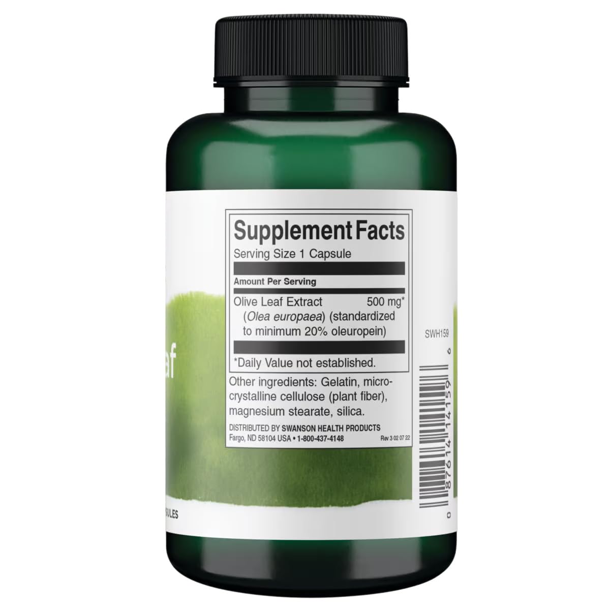 Close-up of 500 mg olive leaf extract capsules in bottle