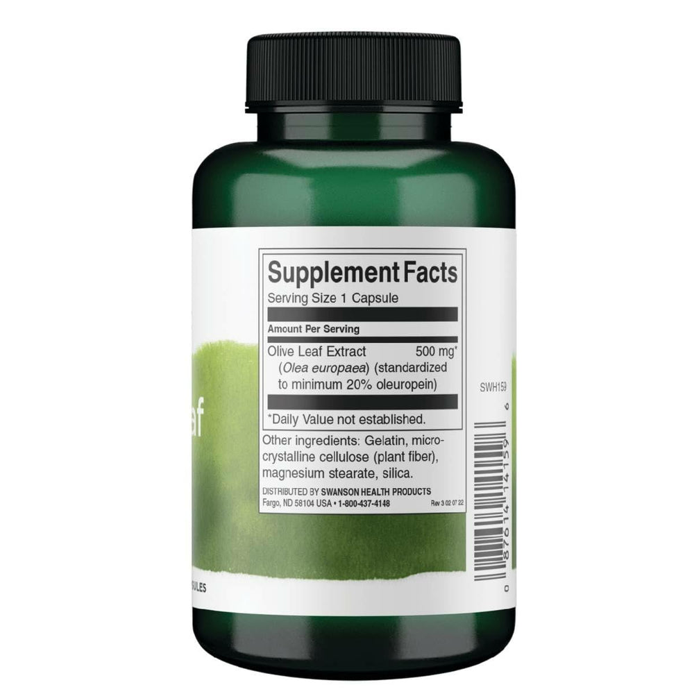 Swanson Olive Leaf Extract oleuropein 20 percent label closeup shows consistent potency.