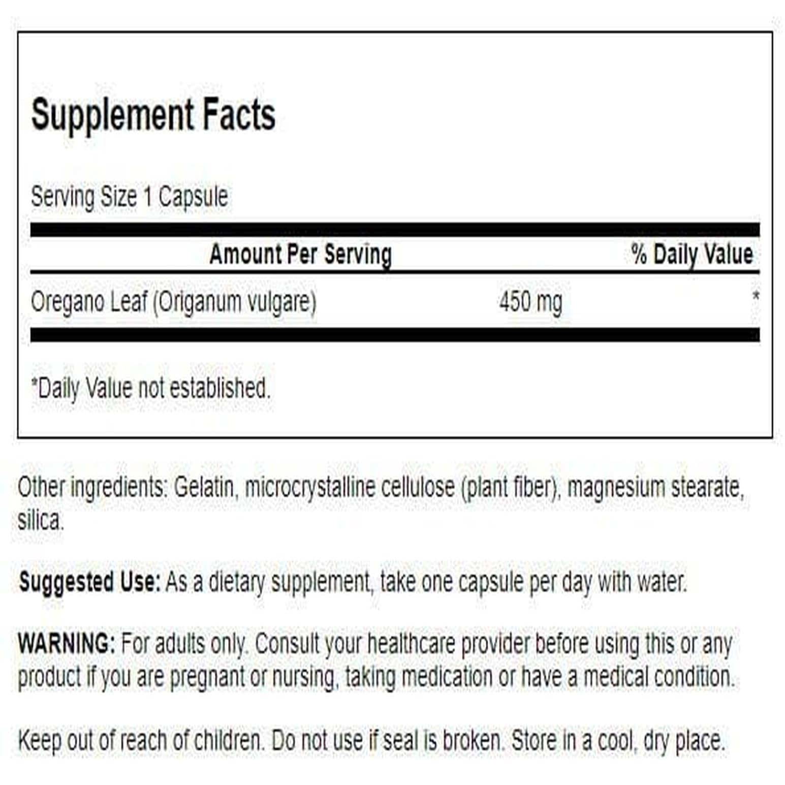 Close-up of Swanson Oregano 450 mg label with 90 capsules
