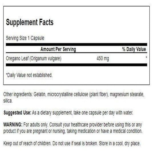 Close-up of Swanson Oregano 450 mg label with 90 capsules