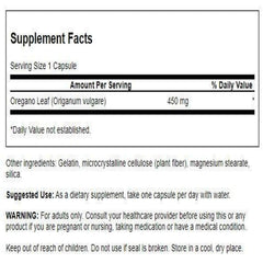 Close-up of Swanson Oregano 450 mg label with 90 capsules