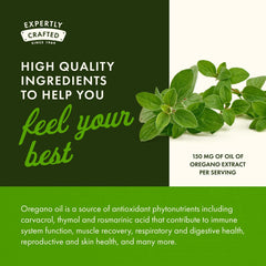 Two softgel capsules with Swanson oregano oil bottle