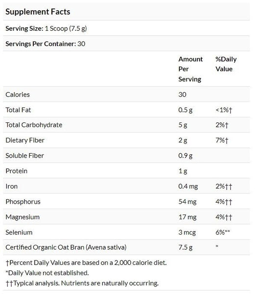 Close-up of Swanson Organic Oat Bran Fiber powder with scoop, 8 oz (227 g)