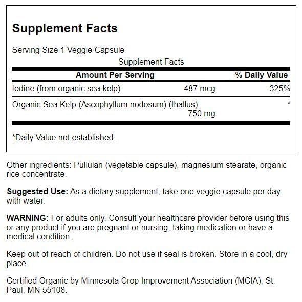 Close-up of Swanson Organic Scottish Kelp 750 mg vegetarian capsules packaging