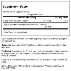 Close-up of Swanson Organic Scottish Kelp 750 mg vegetarian capsules packaging