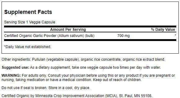 Close-up of Swanson Organic Whole Garlic 700 mg - 60 Veg Capsules bottle label