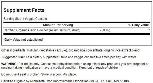 Close-up of Swanson Organic Whole Garlic 700 mg - 60 Veg Capsules bottle label