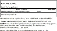Close-up of Swanson Organic Whole Garlic 700 mg - 60 Veg Capsules bottle label