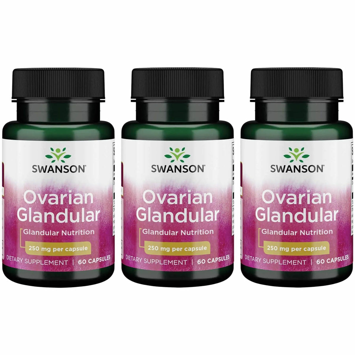 Swanson Ovarian Glandular product in three-pack packaging with capsules