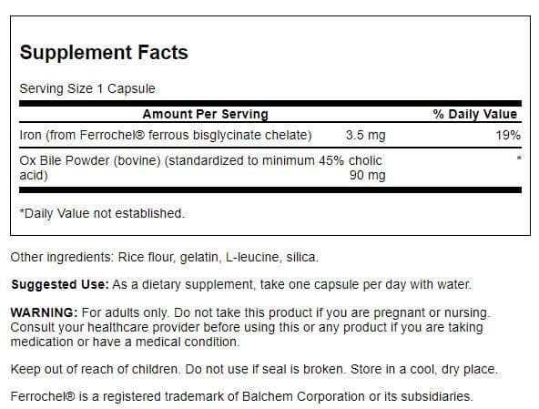 Close-up of Swanson Ox Bile label showing 90 mg standardized