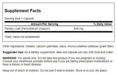 Close-up of Swanson Parsley 650 mg 90 capsules packaging