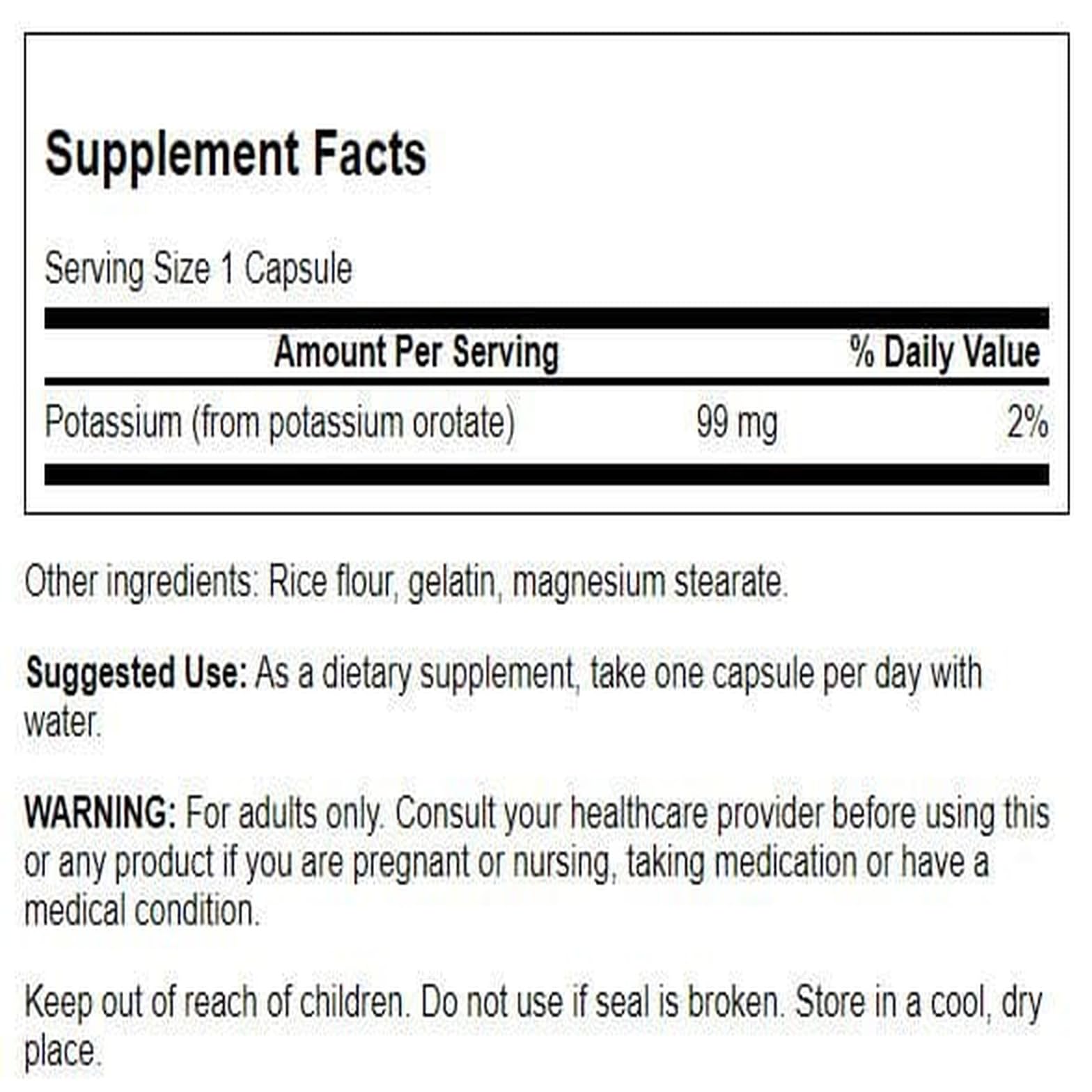 Close-up of 99 mg potassium orotate capsules