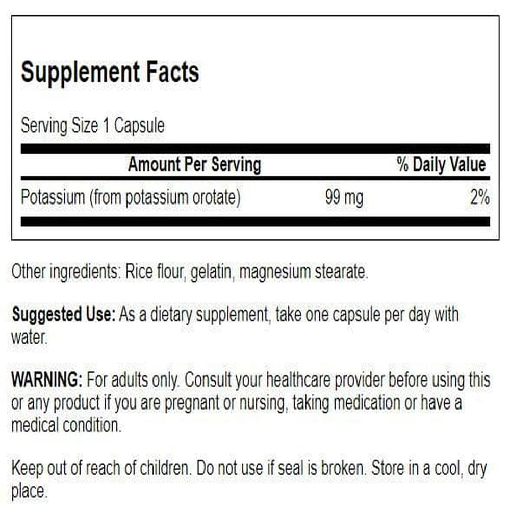 Close-up of 99 mg potassium orotate capsules