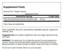 Close-up of Swanson PQQ 20 mg vegan capsules bottle label