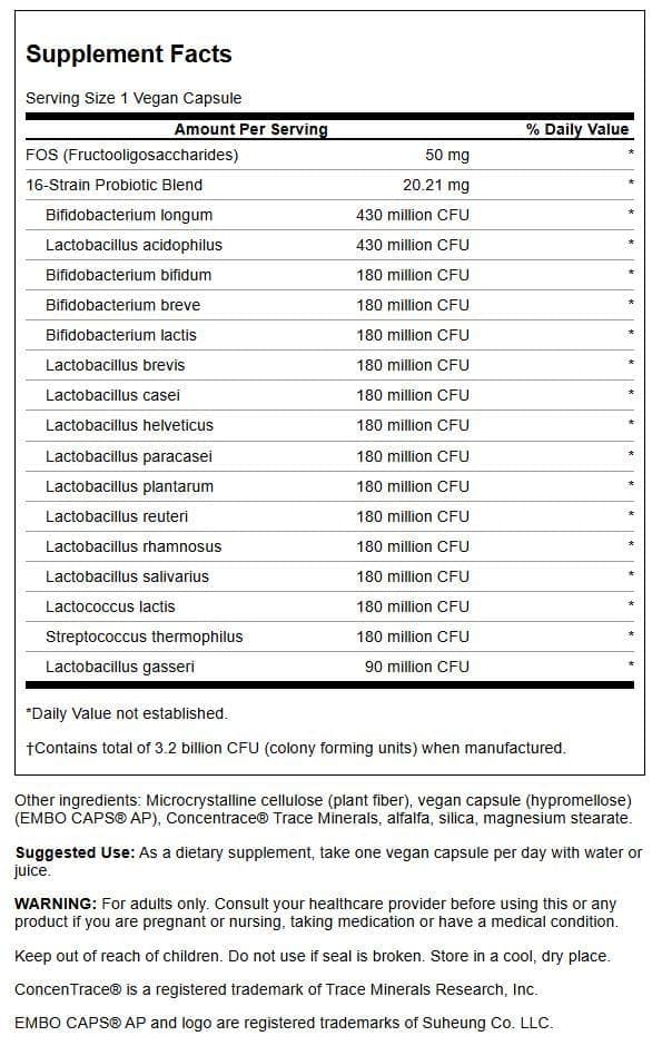 Close-up of label highlighting 16 strains and 3.2B CFU per capsule
