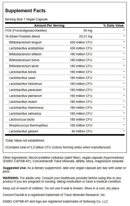 Close-up of label highlighting 16 strains and 3.2B CFU per capsule